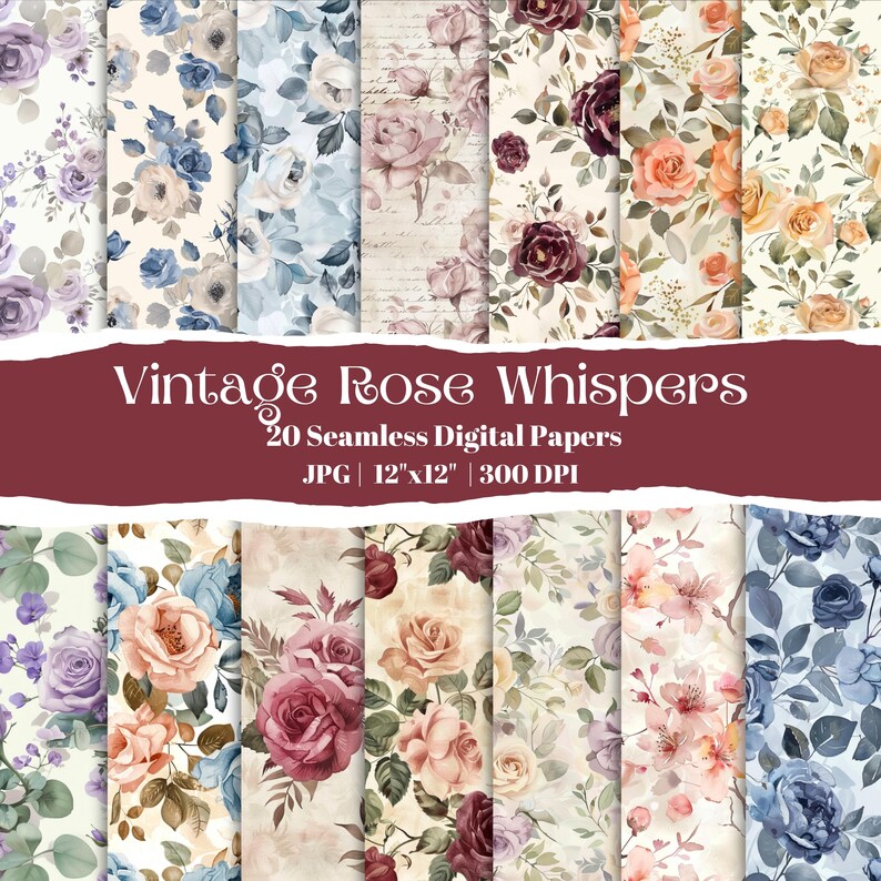 Vintage Rose Seamless Digital Paper Bundle, Romantic Floral Backgrounds ...