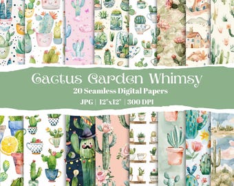 Papel digital de acuarela con diseño de jardín de cactus: fondos de scrapbooking desérticos sin costuras (descarga en PDF)