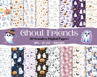Watercolor Halloween Digital Paper Pack, Seamless Ghost and Ghoul Friends Patterns, Spooky Backgrounds for Scrapbooking and Crafts