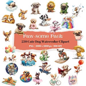 250 Cute Dog Clipart & Stickers , Funny Puppy PNG, Watercolor Dog Illustrations, Digital Pet Art, Transparent Background, Printable Stickers
