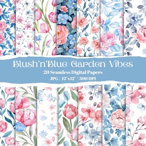 Pink And Blue Floral Digital Paper Set, Seamless Watercolor Garden Patterns, Soft Pastel Scrapbook Backgrounds, Cute Printable Papers