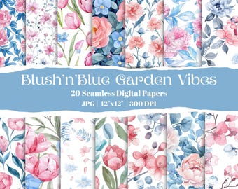 Floral Digital Paper Set: Pink & Blue Watercolor Patterns (Digital Download)
