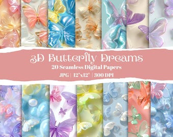 May include: A collection of 20 seamless digital papers featuring 3D butterfly designs in various colors. The butterflies have a glossy appearance and are set against a range of backgrounds. The image includes the text "3D Butterfly Dreams" and "JPG | 12"x12" | 300 DPI".