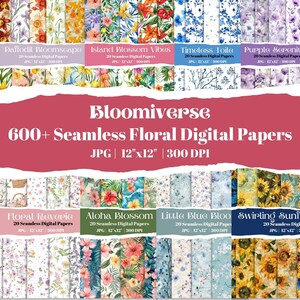 May include: A collage of 20 different floral digital paper designs. Each design features a variety of flowers and plants, including daffodils, hibiscus, sunflowers, and more. The papers are all 12 inches by 12 inches and 300 DPI.