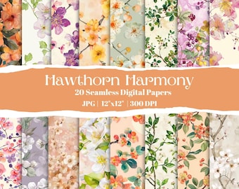 May include: A collection of 20 seamless digital papers with floral designs. The papers feature watercolor illustrations of various flowers in shades of orange, purple, yellow, and white. The text "Hawthorn Harmony" is displayed on an orange banner, along with the paper size.