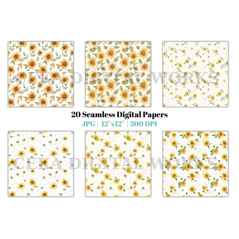 Watercolor Sunflower Digital Paper: Rustic Floral Seamless Patterns ...