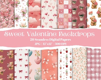 Valentijn digitaal papier, roze Valentijn naadloze achtergronden, romantische hartjes en strikken inpakpapier, digitale papierset liefdesthema