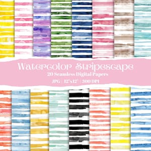 Watercolor Striped Digital Paper Bundle, 20 Seamless Colorful Brushstroke Backgrounds For Scrapbooking, Journaling, Card Making, Sublimation