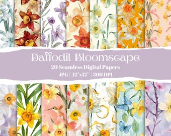 Paquete de papel digital sin costuras de narcisos: fondos florales primaverales, patrones de narcisos amarillos para scrapbooking, papel de regalo y manualidades.