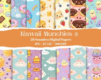 Kawaii Food Digital Papers, Cute Seamless Patterns, Kawaii Junk Journal Paper, Adorable Food Scrapbooking Backgrounds, Digital Download Pack