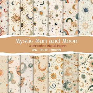 May include: A set of 24 digital papers featuring a mystical sun and moon theme. The papers are seamless and feature a variety of celestial designs, including suns, moons, stars, and planets. The papers are in a vintage style with a beige background and gold, blue, and green accents. The papers are 12 inches by 12 inches and 300 DPI.