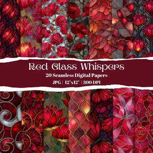 May include: A collection of 20 seamless digital papers with a stained glass effect. The designs feature red floral and abstract patterns with gold accents. The papers are 12"x12" and suitable for various digital projects.