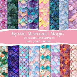Puede incluir: Una colección de 20 papeles digitales sin costuras con un patrón de escamas de sirena en varios colores, incluyendo rosa, azul, morado y dorado. Los papeles miden 30,48 cm x 30,48 cm y tienen 300 DPI. El texto "Mystic Mermaid Magic" está en una pancarta rosa.