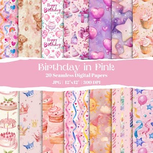 Pink Birthday Digital Paper: Watercolor Party Patterns (Digital Download, 12x12in, 300 DPI, 20 JPEGs)