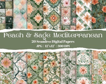 Peach and Sage Mediterranean Tiles Digital Paper, Floral Watercolor Seamless Patterns, Vintage Mosaic Backgrounds, Scrapbook Craft Paper
