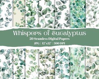 Whispers of Eucalyptus Digital Papers – Watercolor Greenery for Weddings, Branding & Scrapbooking Crafts
