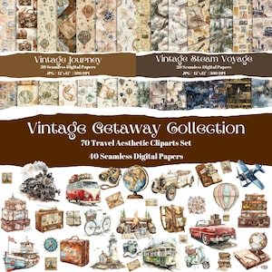Vintage Travel Mega Bundle, 70 Aquarell Clipart PNGs, 40 nahtlose digitale Papiere, Retro Elemente für Scrapbook, Journal und Bastelprojekte