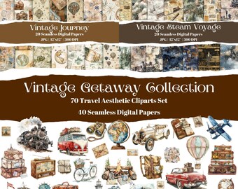 Vintage Travel Clipart Bundle: Watercolor PNGs, Retro Digital Papers
