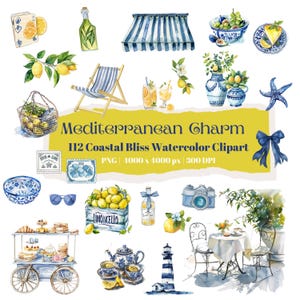Mediterranean Charm Watercolor Clipart  112 PNG Coastal Bliss Set  Blue and Yellow Summer Aesthetic Lemon, Sea, Nautical Theme Scrapbook