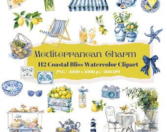 Mediterranean Charm Watercolor Clipart  112 PNG Coastal Bliss Set  Blue and Yellow Summer Aesthetic Lemon, Sea, Nautical Theme Scrapbook