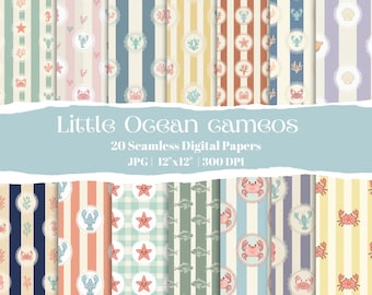 New Baby Ocean Seamless Digital Paper Set, Neutral Nursery Patterns, Sea Animals Striped Backgrounds, Crab Starfish Lobster Stripes, JPG
