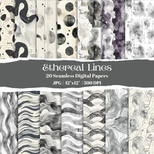 May include: Set of 20 digital papers featuring abstract line art patterns in black and white. The papers are 12 inches by 12 inches and 300 DPI.