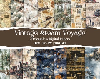 Pacote de papel digital sem costura de trem vintage, padrão de ferrovia em aquarela, papel de scrapbook de trem a vapor antigo, fundos de itens de viagem