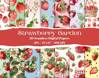 Papel digital de acuarela "Jardín de fresas": Patrones sin costuras (paquete de 20 JPG)