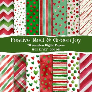 以下が含まれることがあります： お祝いの赤と緑のデザインが施された、20枚のシームレスデジタルペーパーのコレクションです。ストライプ、水玉、ハート、星、シェブロンなどのパターンが含まれています。各ペーパーは30.48cm x 30.48cmで、クラフトプロジェクトに最適です。