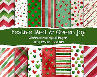 May include: A collection of 20 seamless digital papers with festive red and green designs. Patterns include stripes, polka dots, hearts, stars, and chevrons. Each paper is 12" x 12" and suitable for various craft projects.