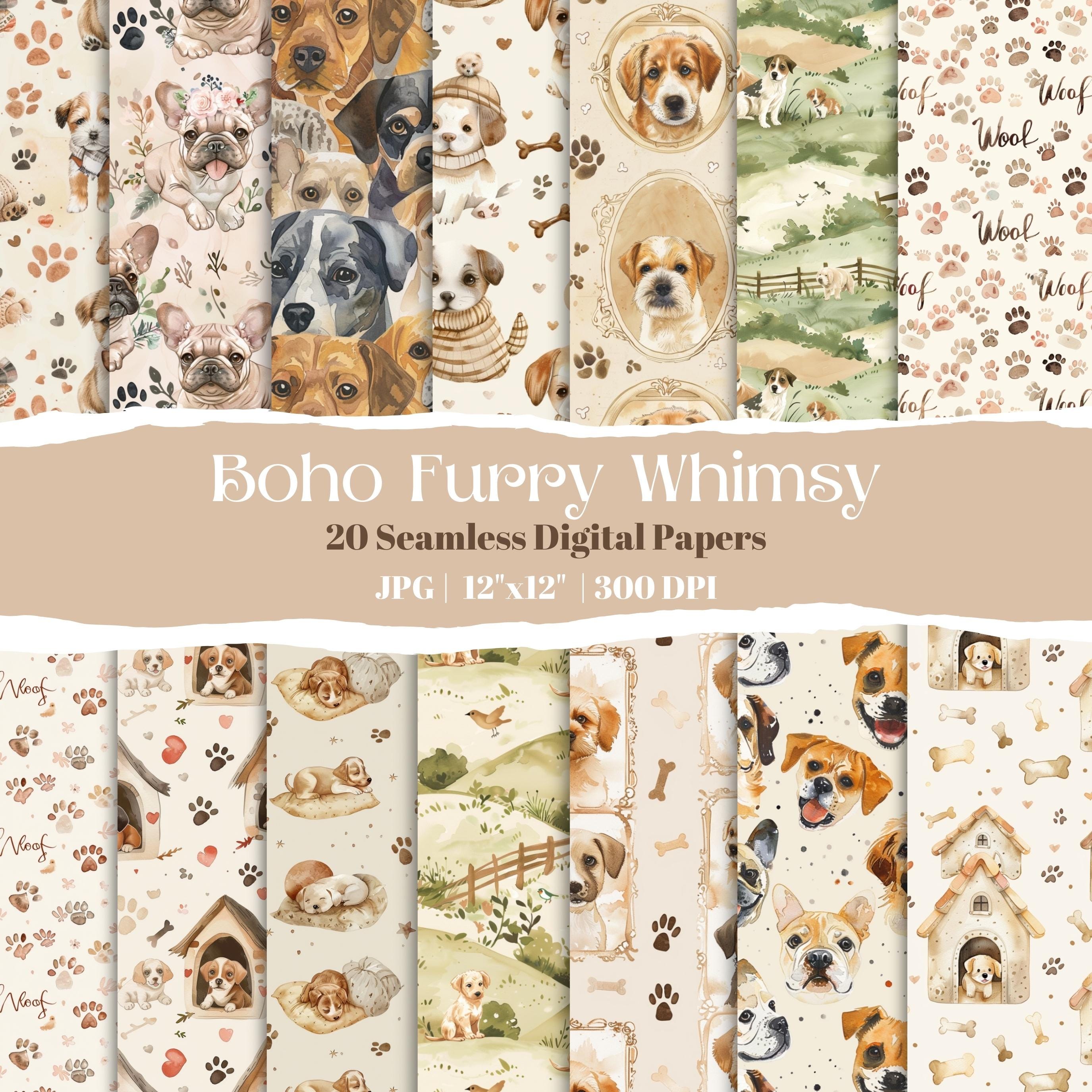 Watercolor Dog Digital Paper Bundle, 20 Seamless Patterns, Puppy Scrapbook Backgrounds, Cute Dog Prints, Instant Download, Pet Lover Clipart