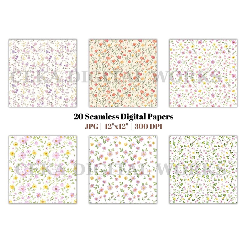 Watercolor Floral Digital Paper: 20 Seamless Pastel Wildflower Patterns ...