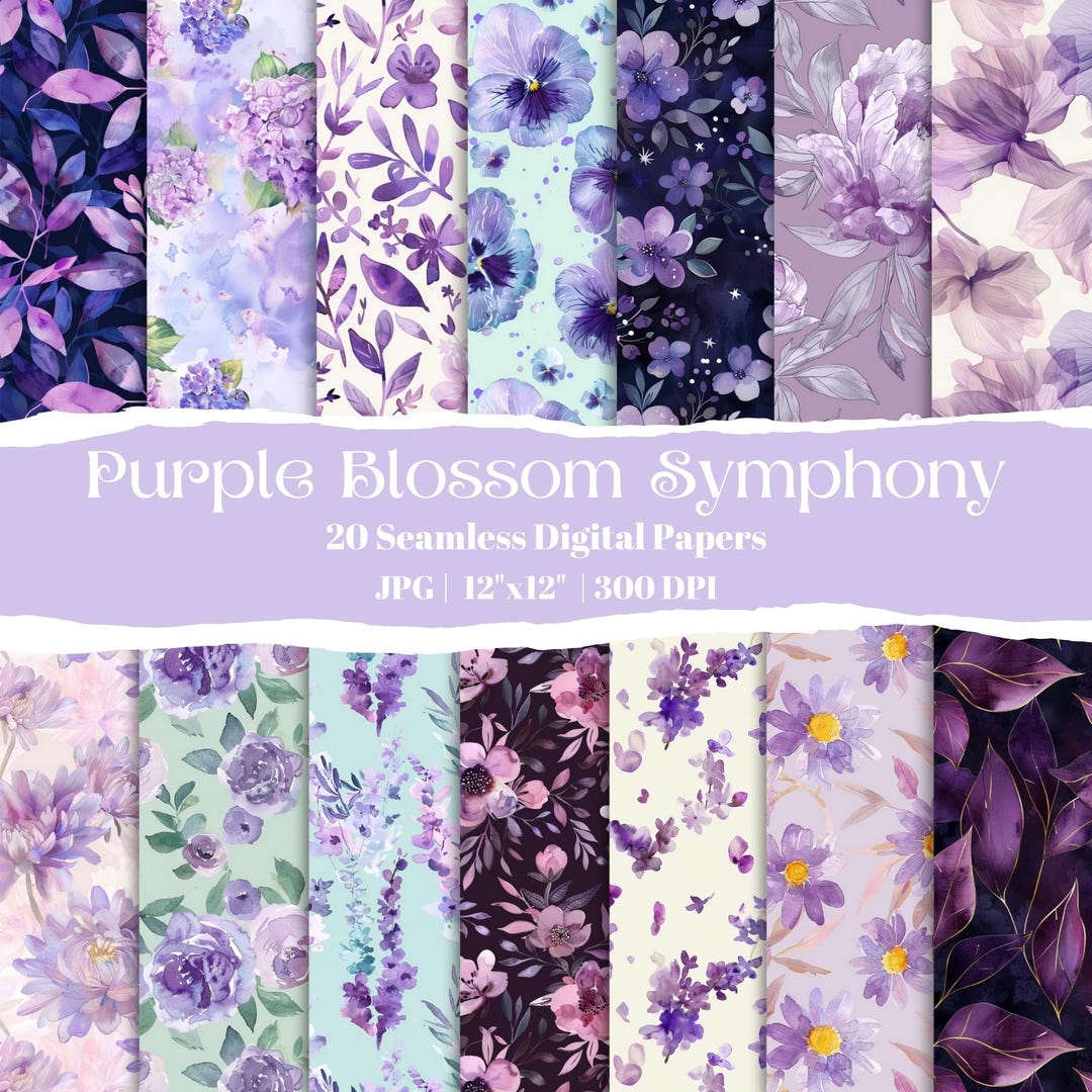 Watercolor Floral Digital Paper Set, 20 Seamless Purple & Lavender ...