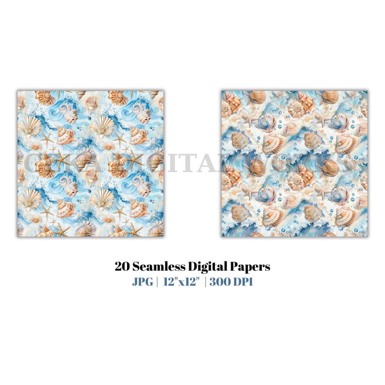 Seashell Digital Paper Bundle, Watercolor Ocean Patterns With Starfish, Coral, Beach Waves, Seamless Summer Scrapbook And Craft Designs