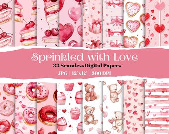 Watercolor Valentine's Day Digital Paper: Heart, Donut, Cupcake Patterns (Digital Download)