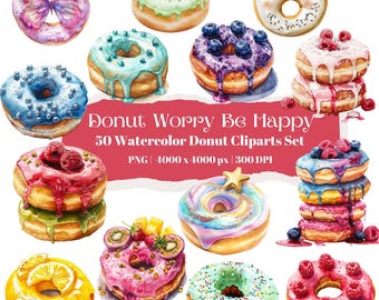 Donut PNG Set, Watercolor Donut Illustrations, Dessert Clipart Bundle, Pastel Donuts for Sublimation, Bakery Sweets Graphics
