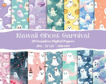 Kawaii Ghost Halloween Digital Paper Pack, 20 Pastel Seamless Patterns, Cute Ghoul Scrapbook Backgrounds, Spooky Cute Digital Download