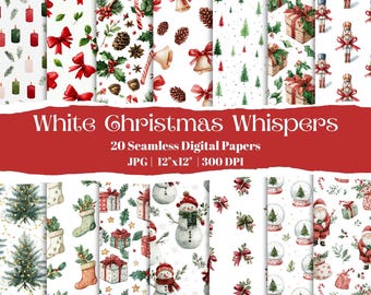 Patrones navideños sin costuras, 20 papeles digitales de acuarela, patrones navideños, diseños de álbumes de recortes y envoltorios de invierno con lazos de regalo de muñeco de nieve