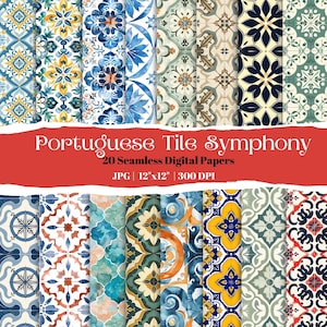 Portuguese Tile Digital Paper Pack, 20 Azulejo Seamless Patterns, Watercolor Blue and Yellow Mosaic Backgrounds for Crafts & Scrapbooking