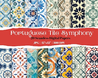 20 Portuguese Seamless Mediterranean Tile Digital Papers, Blue Yellow Azulejo Patterns, Vintage Ornamental Scrapbook Backgrounds
