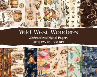 Wild West Digital Paper Pack – 20 Seamless Cowboy & Western Patterns, Horses, Boots, Cactus, 12”x12” JPG, 300 DPI