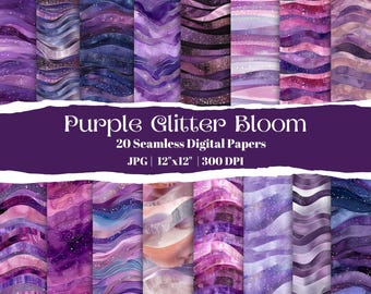 Purple Glitter Digital Paper, Wavy Texture Backgrounds, Sparkly Seamless Patterns, Shimmer Scrapbook, Cosmic Galaxy Craft Paper
