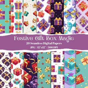 May include: A collection of 20 seamless digital papers featuring colorful gift boxes with ribbons and bows. The papers are in various colors, including purple, teal, red, and gold. The text "Festive Gift Box Magic" is displayed on a purple banner. Each paper is 12"x12".