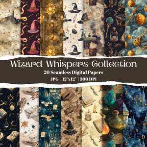 Peut inclure: Collection de 20 papiers numériques sans couture sur le thème des sorciers. Les papiers présentent des illustrations de chapeaux de sorciers, de potions, de hiboux, de châteaux et d'éléments célestes. Chaque papier mesure 30.48 cm x 30.48 cm.
