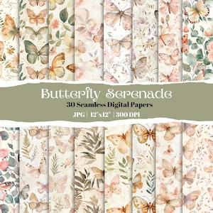 Pacchetto di carta digitale con farfalle acquerellabili, motivi floreali senza soluzione di continuità, 30 sfondi scaricabili all'istante per progetti di scrapbooking e artigianato fai da te