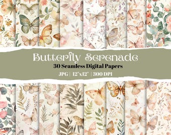 Watercolor Butterfly Digital Paper Pack, Seamless Floral Patterns, 30 Instant Download Backgrounds for DIY Scrapbooking and Craft Projects