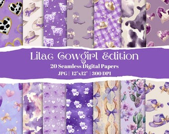 Purple Cowgirl Seamless Digital Paper, Lilac Western Scrapbook Patterns, Coquette Bow Cow Print Background, Watercolor Country JPG Bundle