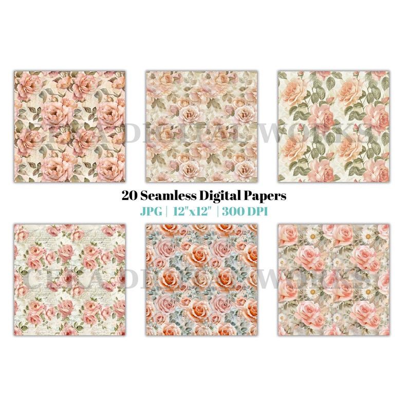 Rose Digital Paper, Pink Rose Seamless Patterns, Floral Scrapbook Paper ...