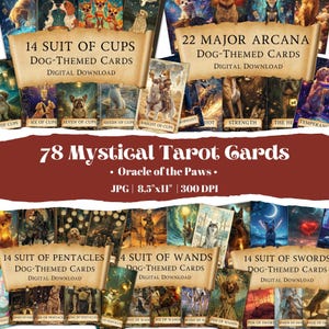 Pacote com 78 cartas de tarô Mystic Dog, conjunto completo de Arcanos Maiores e todos os naipes, baralho de tarô digital para decoração de bruxaria, adivinhação, arte para impressão