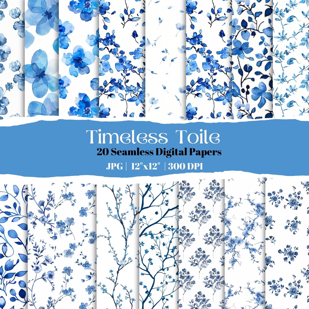 Blue Toile De Jouy Seamless Digital Paper Pack, Vintage French Floral ...